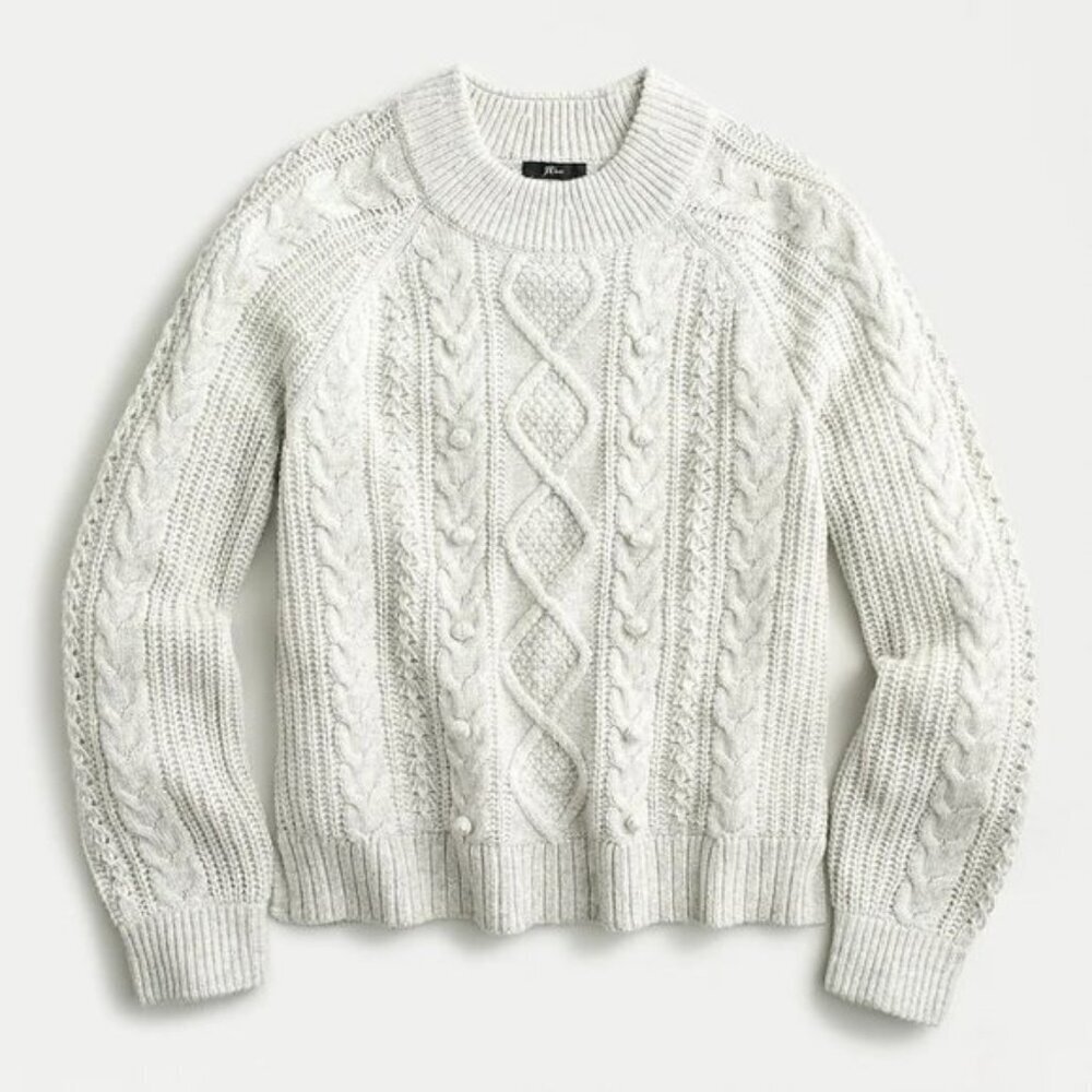 J.Crew Cable Knit Lambs Wool Pom-Pom Sweater Cozy Relaxed Fit Winter Christmas